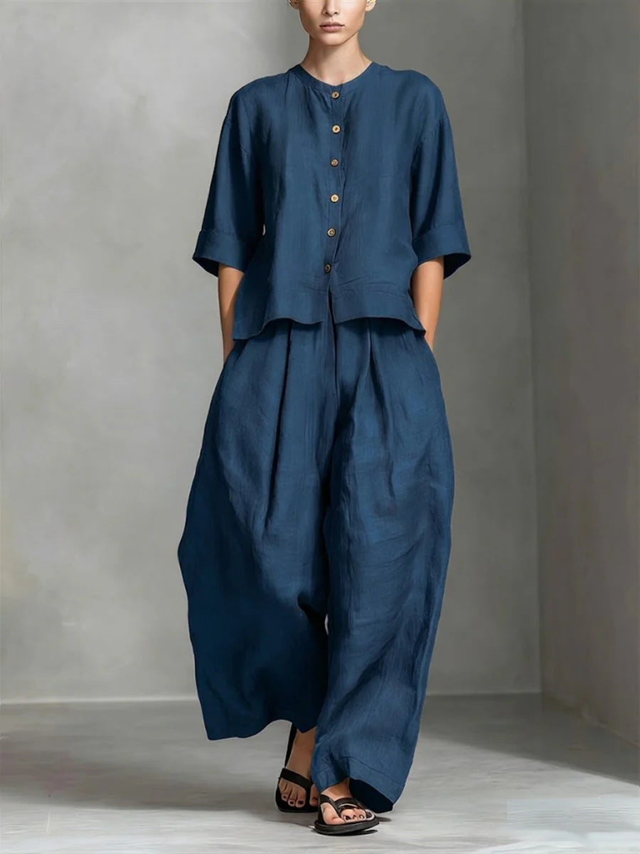 Solid-color Cotton-linen Shirt And Loose-fitting Trousers Two-piece Set NorixaFashion.com