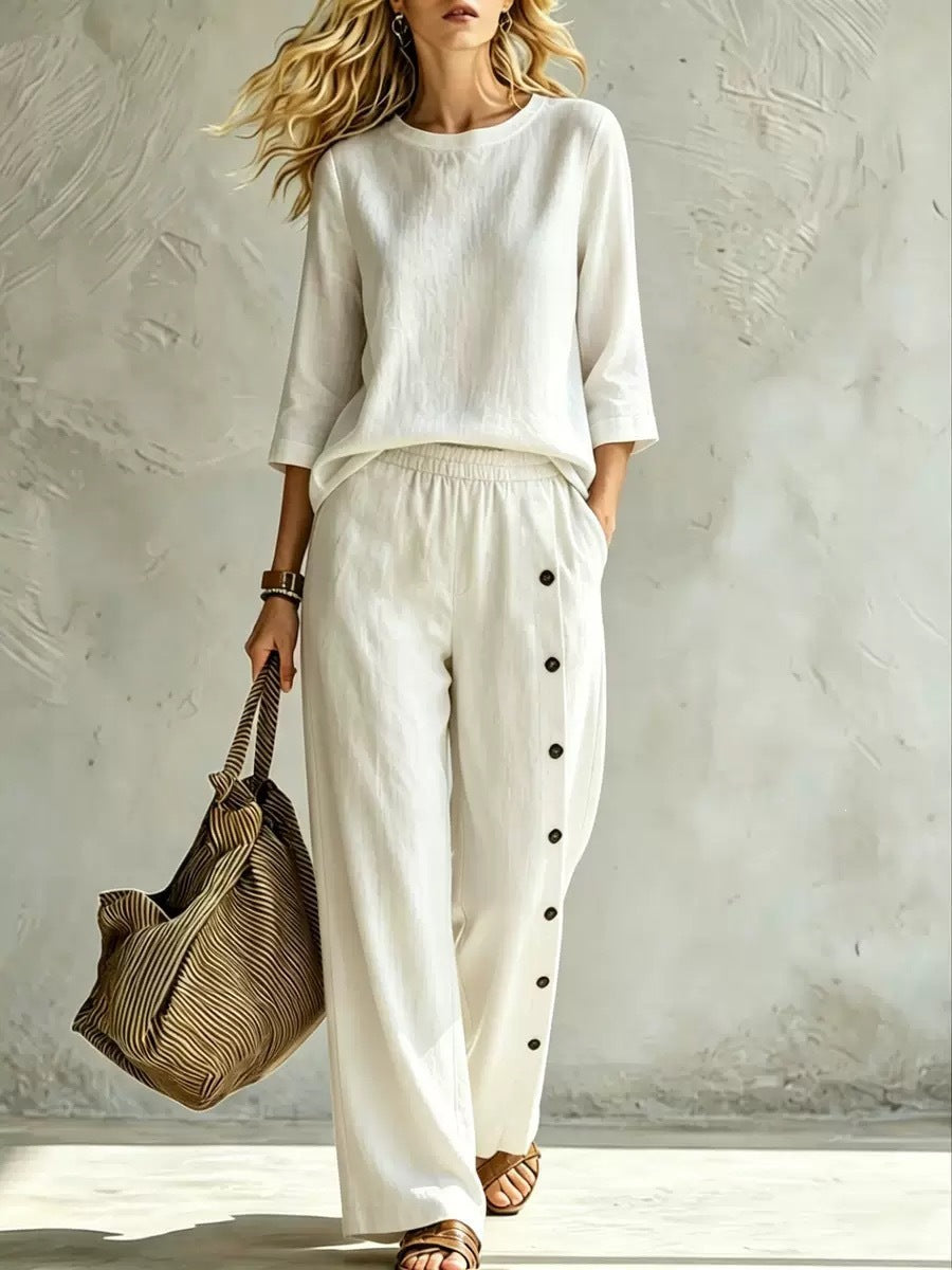 2026 European And American Women's Fashionable Solid Color Buckle Design Casual Loose Two-piece Set NorixaFashion.com