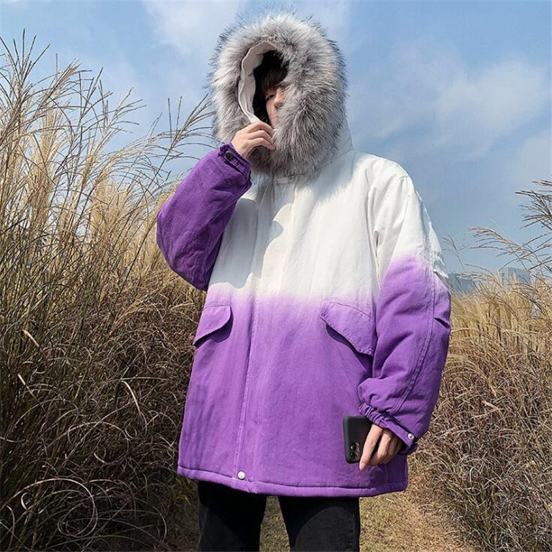 Trendy Thick Fur Collar Gradient Hooded Cotton Jacket Pi-Mart