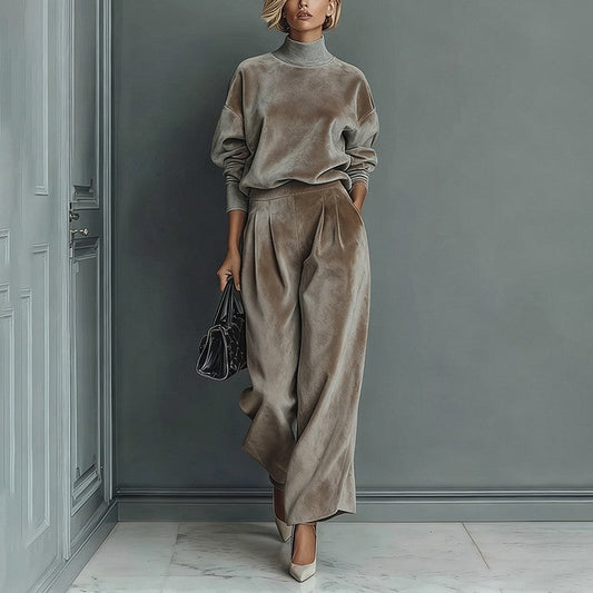 Casual Warm Velour Long-sleeved Solid Color High-neck Zipper Wide-leg Sportswear LadyShow.Store