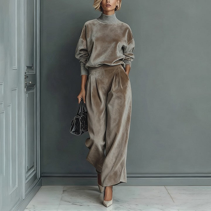 Casual Warm Velour Long-sleeved Solid Color High-neck Zipper Wide-leg Sportswear LadyShow.Store