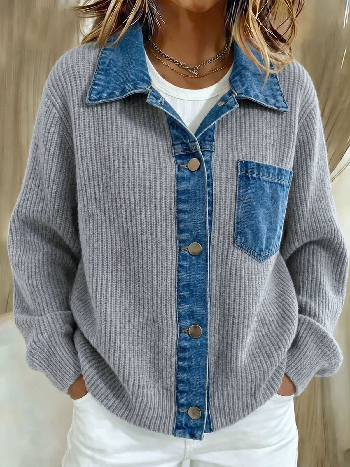 2026 European And American Cross-border Denim Patchwork Knit Cardigan For Women, Loose And Casual Style, Color-block Long-sleeve Sweater Jacket NorixaFashion.com