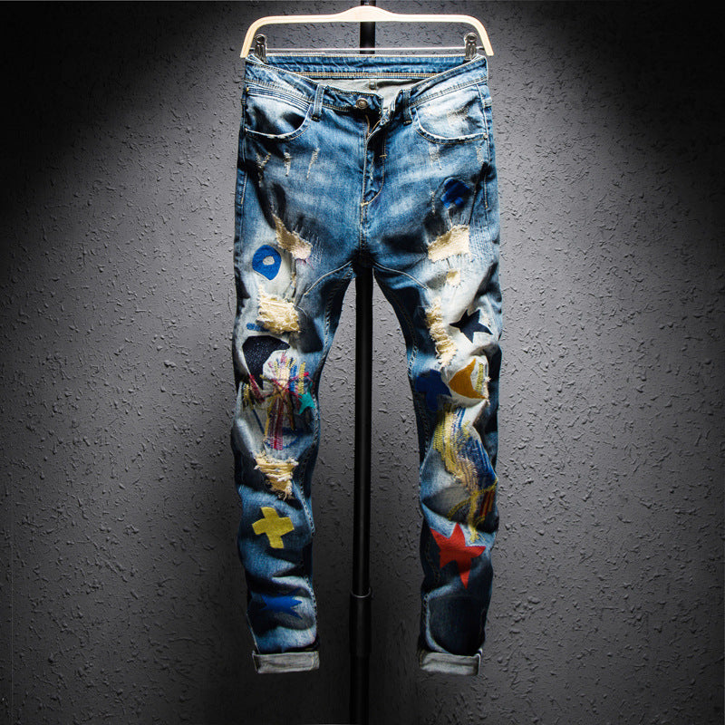 Colorful Embroidered Patchwork Denim Jeans Pi-Mart