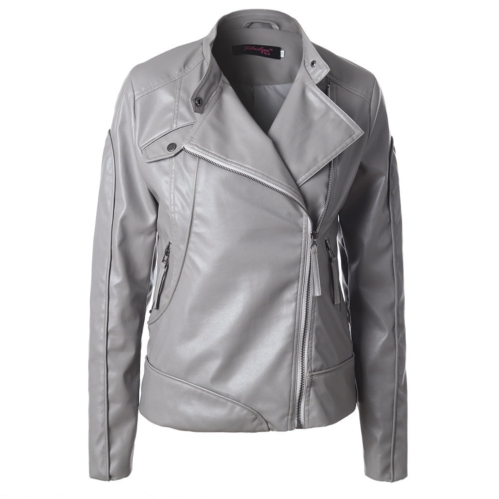 Stand Collar Side Zipper Leather Coat Motorcycle Jacket LadyShow.Store