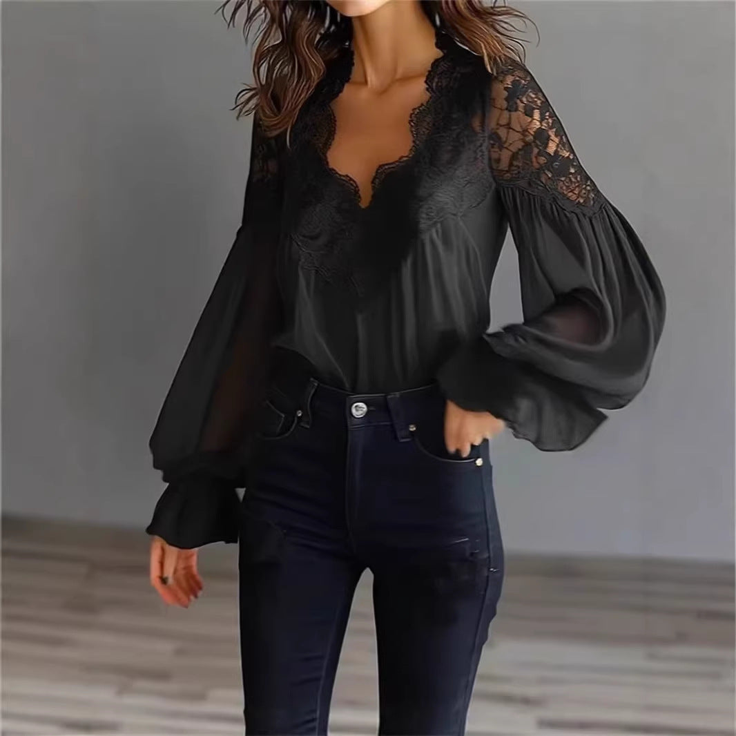 Lace-panelled Ruffled Puff-sleeve Pleated Shirt NorixaFashion.com