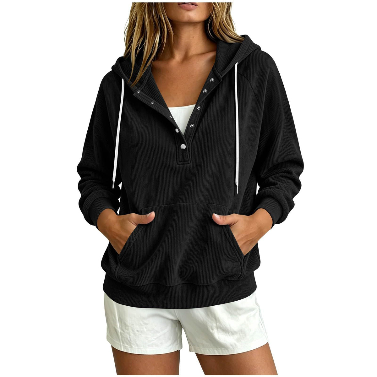 2026 Autumn New Style European Women's Dressy Corduroy Hooded Sweatshirt With Half-Closed Button And Drawstring Loose Top For Women NorixaFashion.com