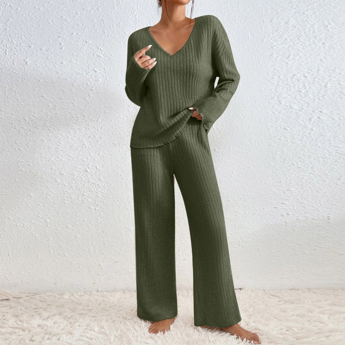 Long Sleeve V-neck Knitted Sunken Stripe Brushed Loose Leisure Suit LadyShow.Store