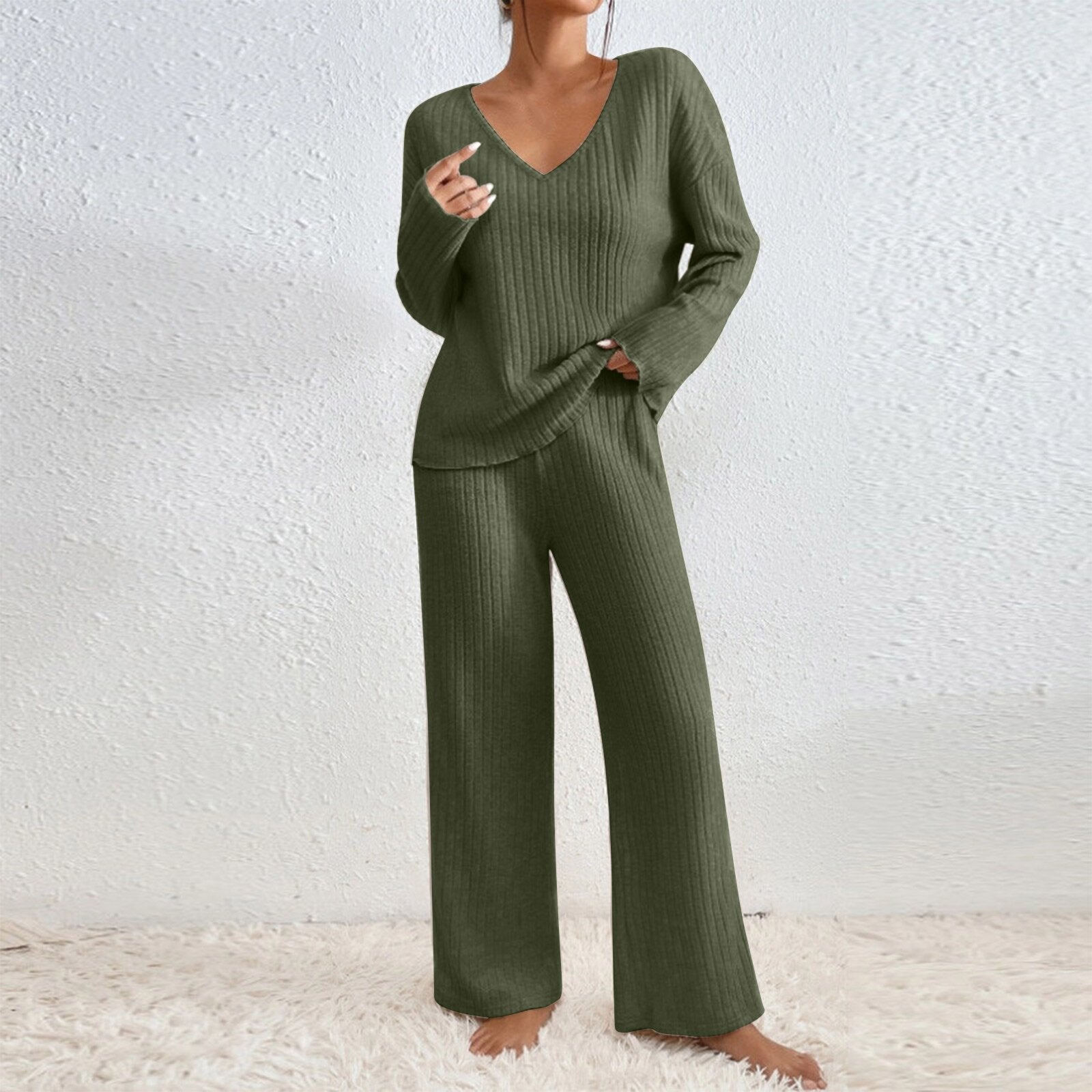 Long Sleeve V-neck Knitted Sunken Stripe Brushed Loose Leisure Suit LadyShow.Store