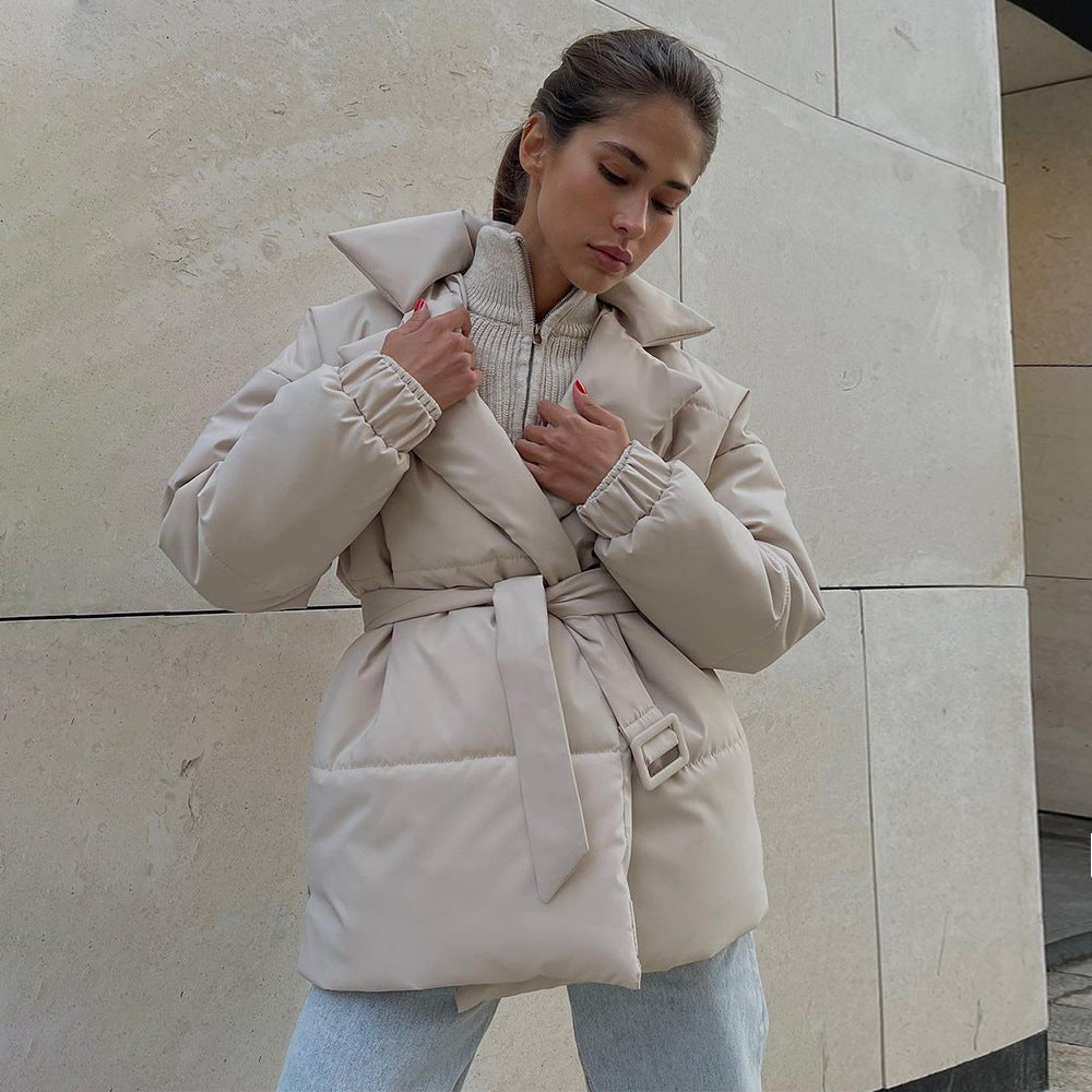 New Thickened Slimming Cinched Cotton-padded Coat Solid Color Belt Cotton Coat Jacket LuxuryLifeWay Online Store