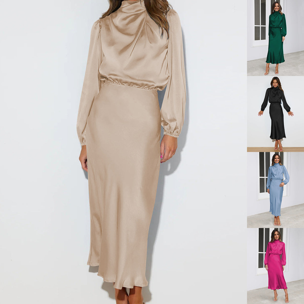 Elegant Temperament Long-sleeved Dress Satin Halterneck Formal Evening Dresses Women Clothing LadyShow.Store