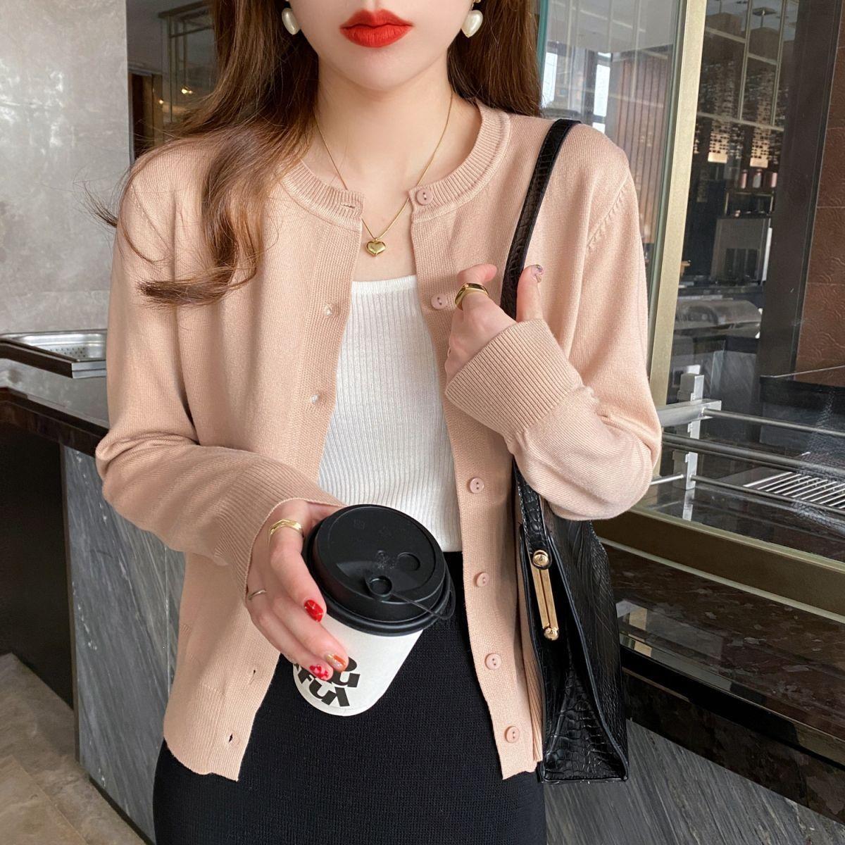 Women's Slimming Round-Neck Long-Sleeve Knitted Cardigan LadyShow.Store