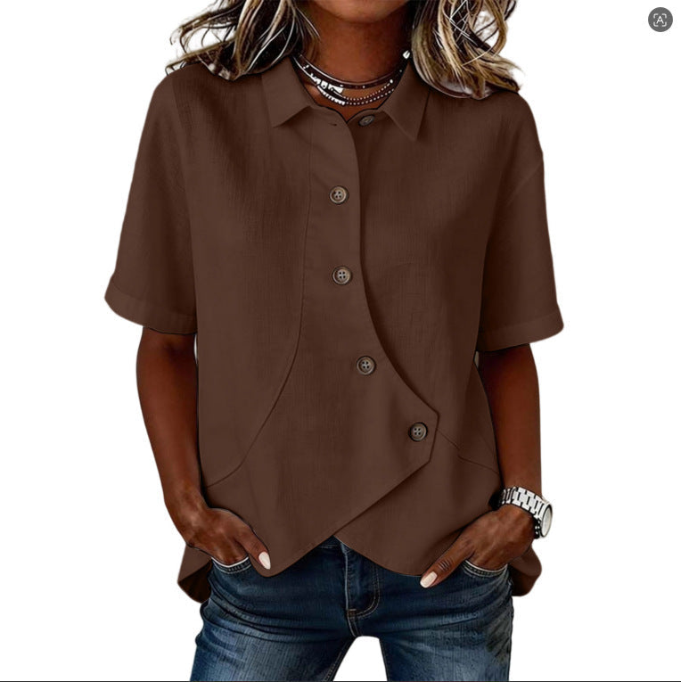 Summer Asymmetrical Shirt Solid-color Loose-fitting Lepal Tops Women's Clothing NorixaFashion.com