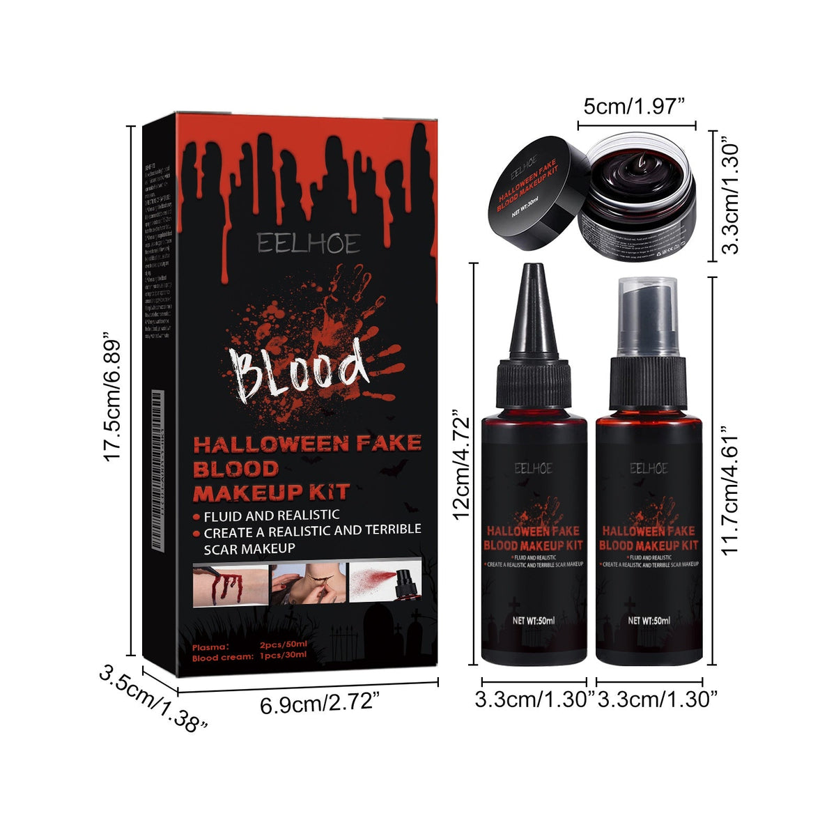 Halloween Fake Blood Makeup Suit Blood Spray 50mlx2  -plasma 30mlx1 1box Tri Light Beauty