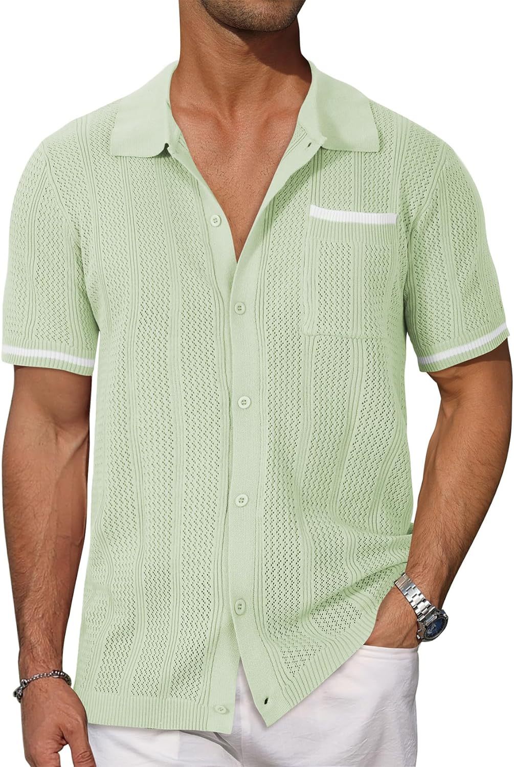 Short-sleeved Shirt Pocket Hollow Breathable Cool Summer Men's Casual Jacket Cardigan NorixaFashion.com