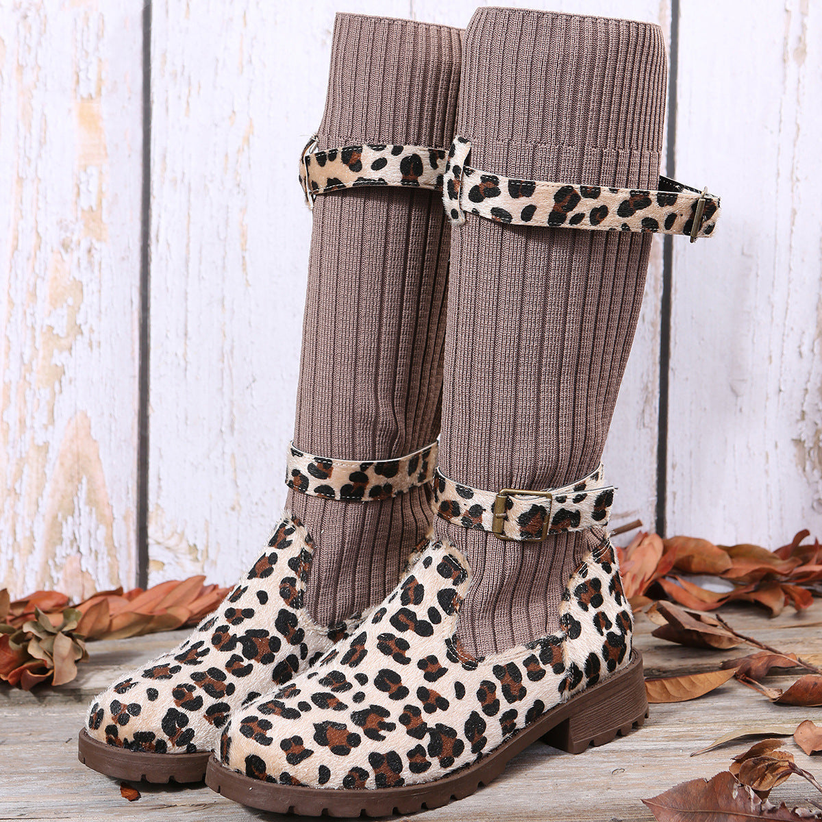 Leapard Shoes Winter Mid Calf Boots Women Sock Boots LadyShow.Store