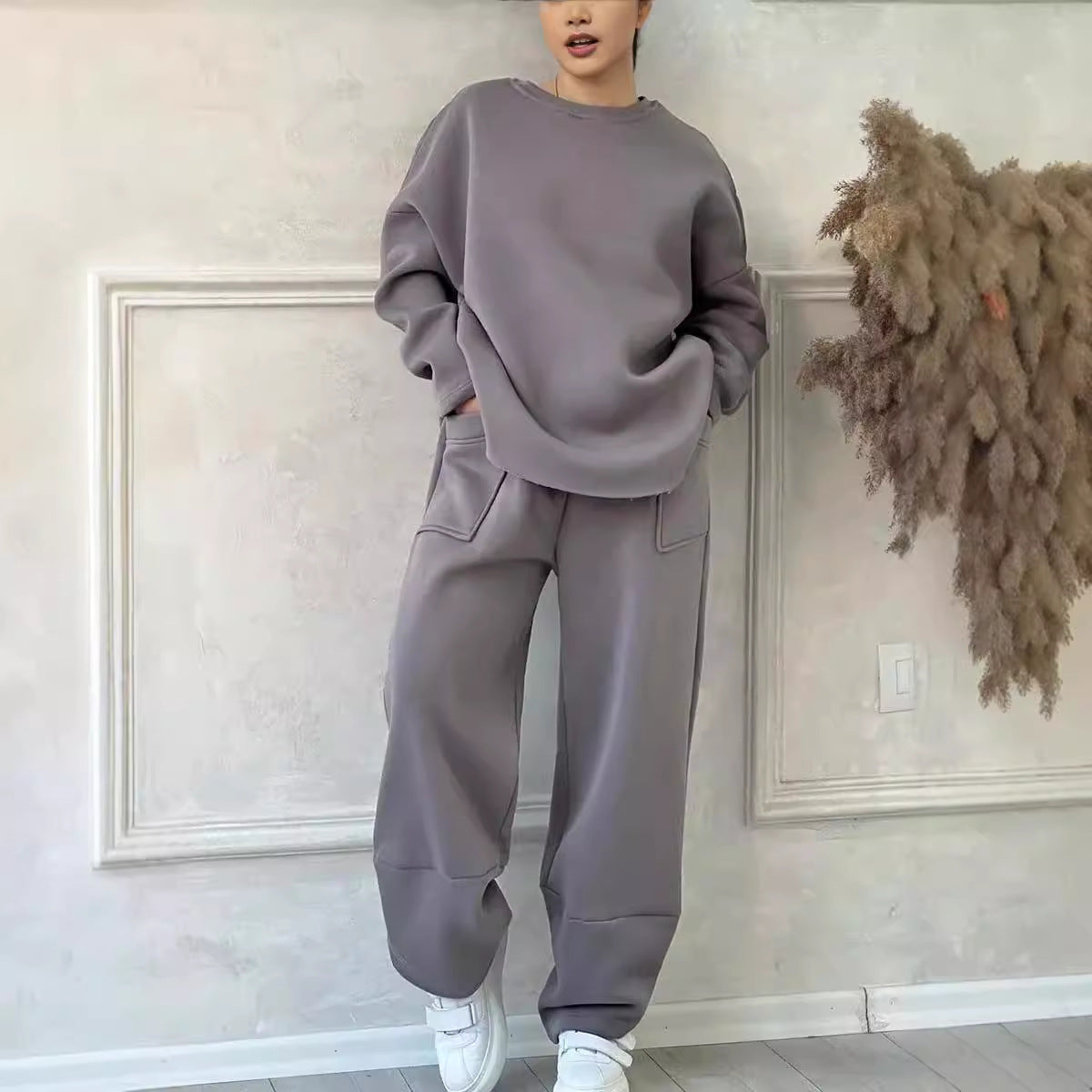 Women's Autumn And Winter Casual Loose Round Neck Long-sleeved Sweater Trousers Suit LadyShow.Store