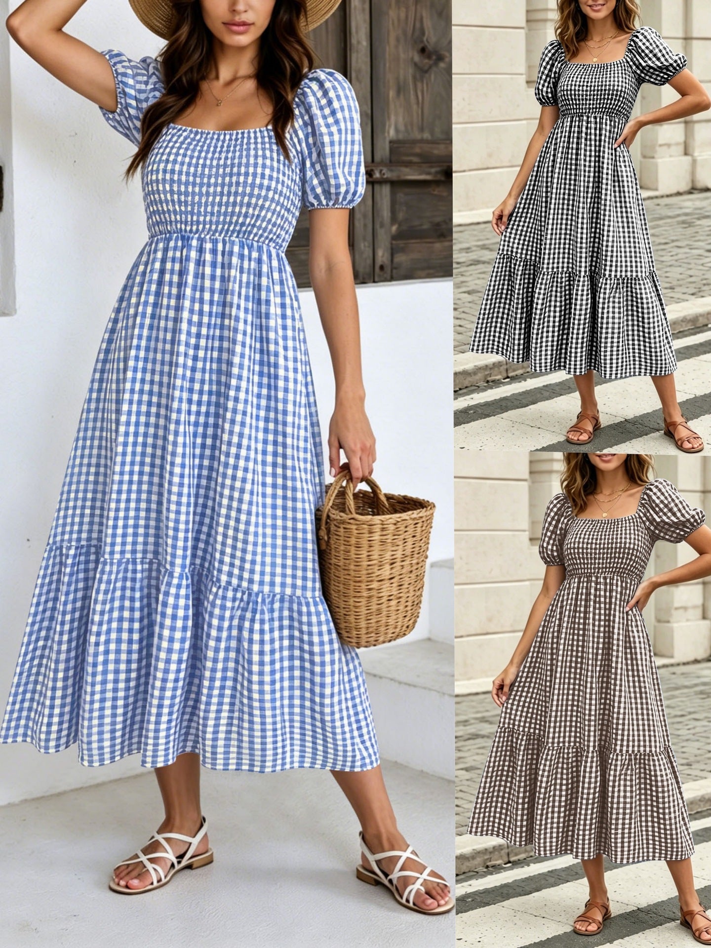 Women's Literary Retro Style Puff Sleeve Dress  Vichy Check Square Neck High Waist Tiered Dress NorixaFashion.com