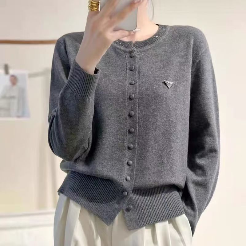 Womens Round-Neck, Diamond-Embellished, Solid-Colored Knit Cardigan LadyShow.Store