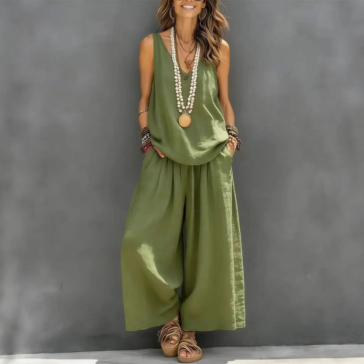Womens Solid-Colored Casual Sleeveless Tank Top And Wide-Leg Pants Cotton-Linen Set LadyShow.Store