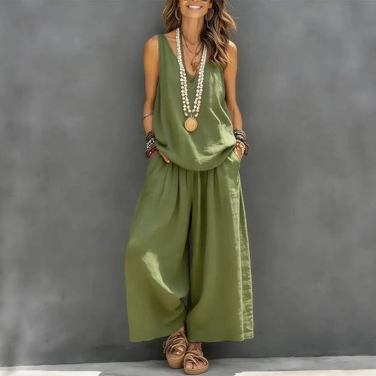 Womens Solid-Colored Casual Sleeveless Tank Top And Wide-Leg Pants Cotton-Linen Set LadyShow.Store