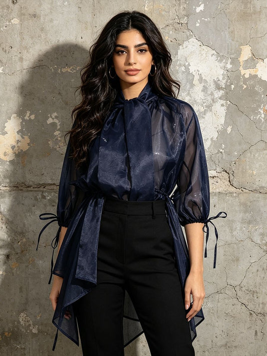 Navy Organza Bow Neck Drawstring Waist Sheer Long Sleeve Blouse NorixaFashion.com