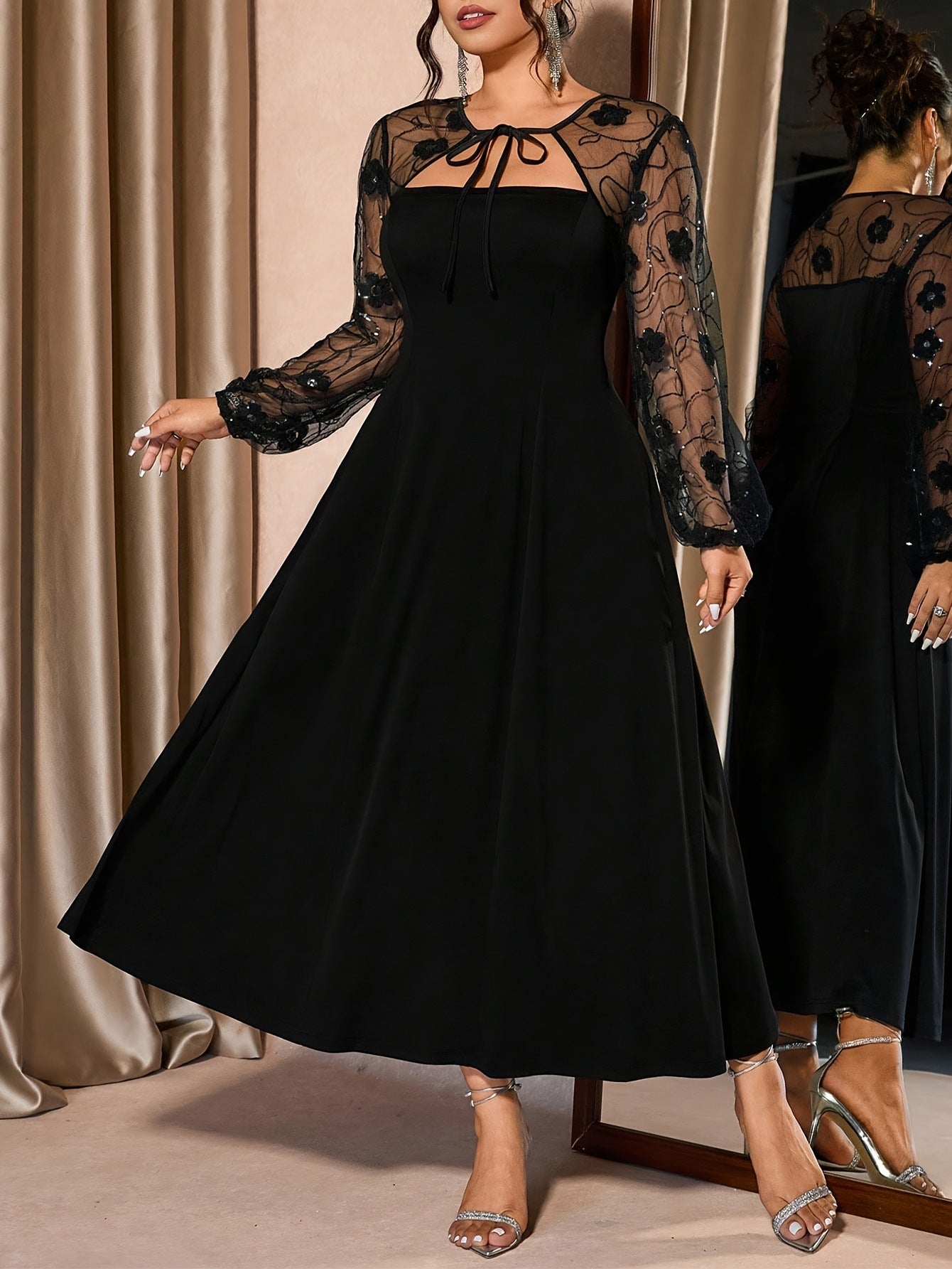 2026 Summer Plus Size Square Neck Mesh Spliced Midi Dress Elegant Casual NorixaFashion.com