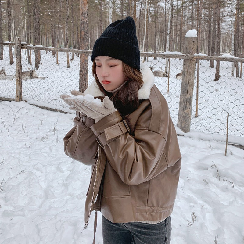 Light Brown Lapel Small Rabbit Fur Thick Loose Short Leather Jacket Best YouTube Store