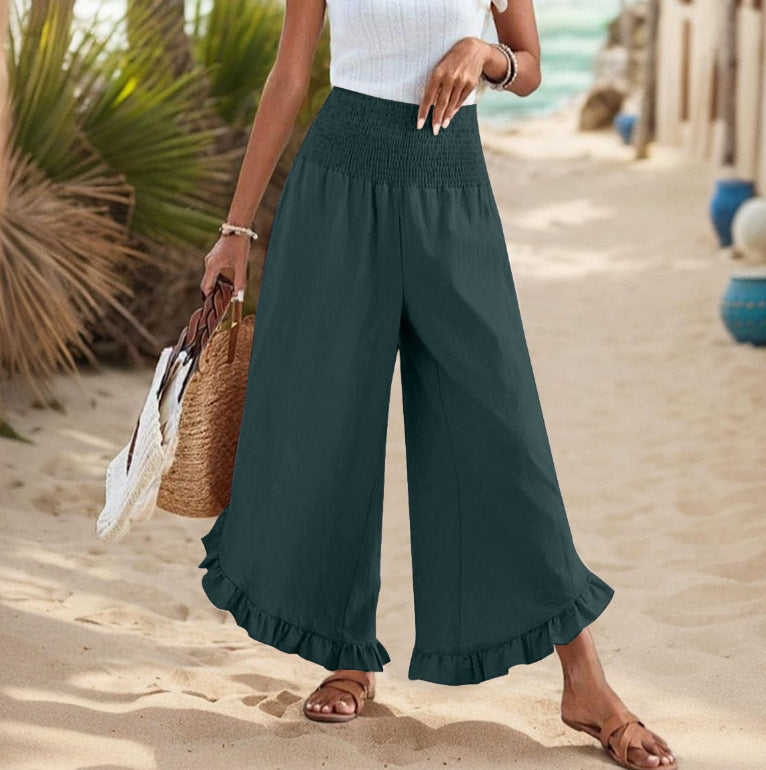 Pleated Asymmetrical Hem Cotton-linen Loose-fit Casual Pants NorixaFashion.com