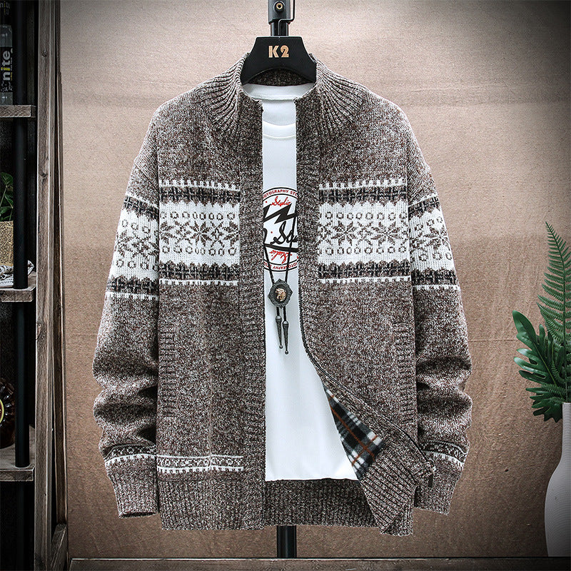 Men's Printed Stand-Collar Cardigan Jacket for Warmth Pi-Mart