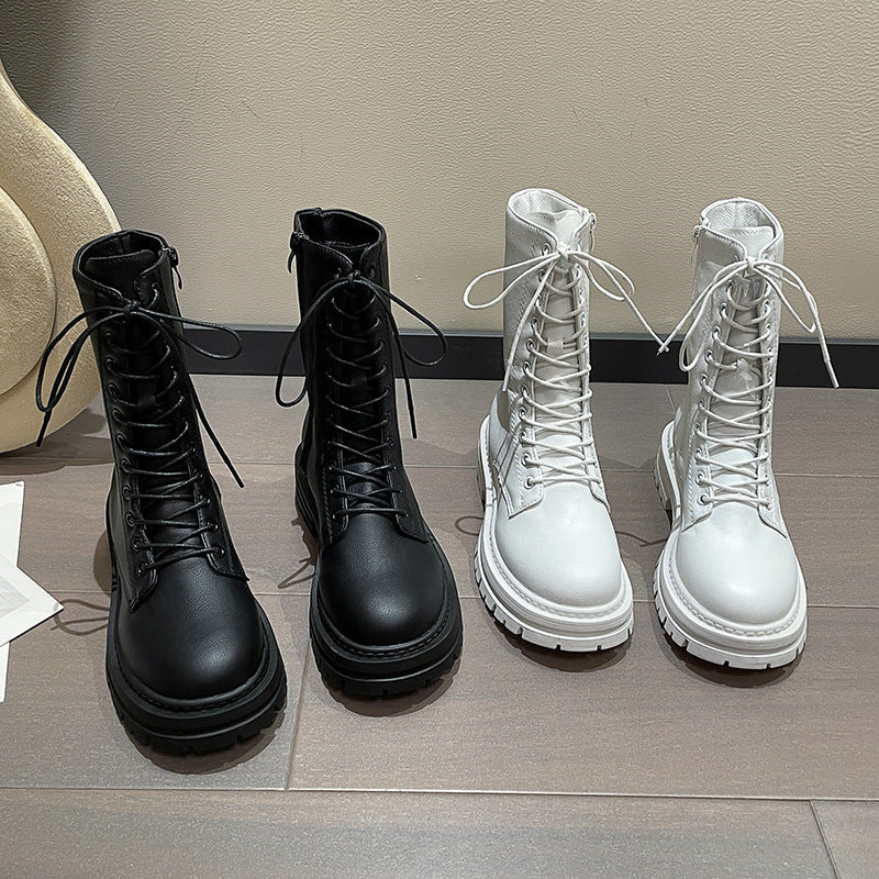 Autumn And Winter New Round Head Lace-up British Style Thick Bottom Mid-calf Martin Boots Women LadyShow.Store