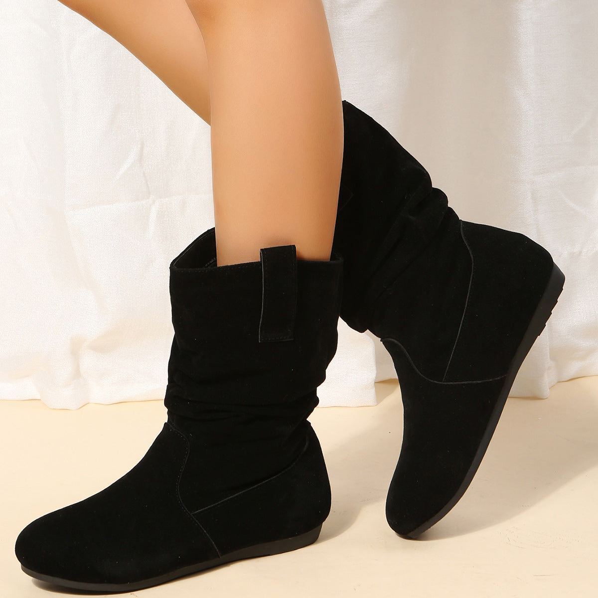 Round Toe Flat Boots Fashion Solid Color Suede Mid-calf Boot Winter Warm Shoes For Women LadyShow.Store