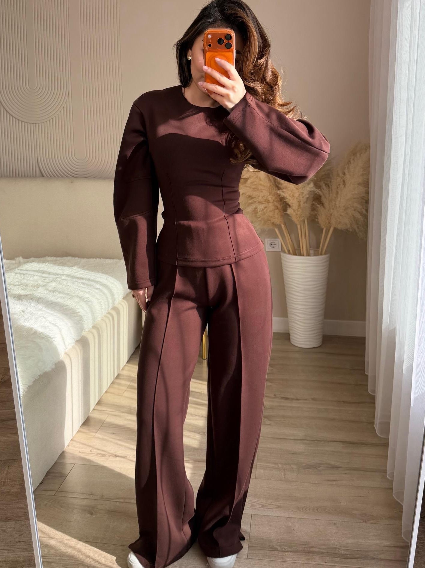 Fashionable Long-sleeved O-neck Pleated Top And Wide-leg Pants Set NorixaFashion.com