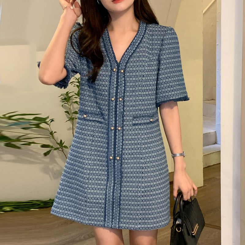 Metal Single Breasted Denim Dress Women NorixaFashion.com