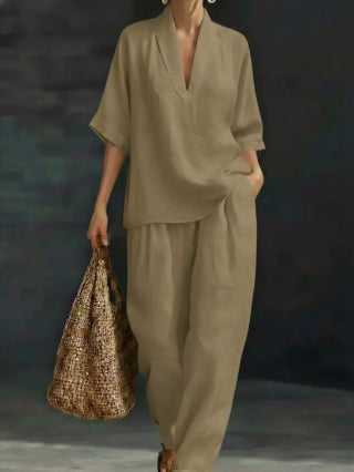 Women's Casual Simple Linen Two-Piece Set NorixaFashion.com