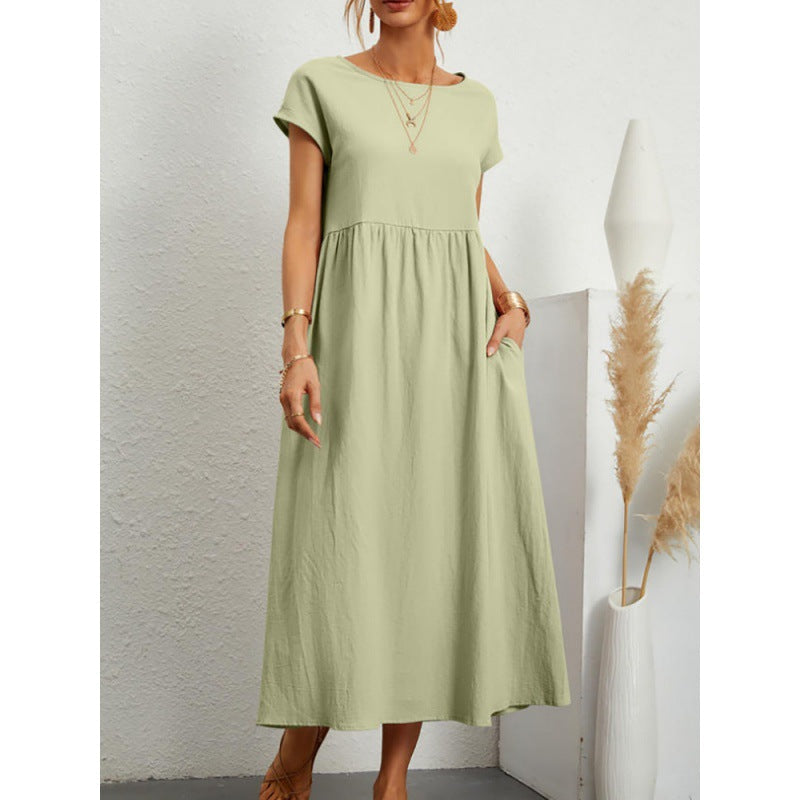 2026 New European And American Women's Round Neck Solid Color Pullover Comfortable Casual Dress NorixaFashion.com