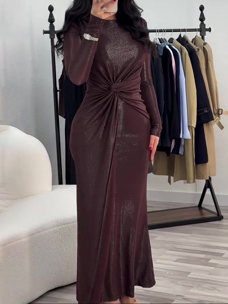 Metallic Maxi Dress With Twist Front Detail And Long Sleeves NorixaFashion.com