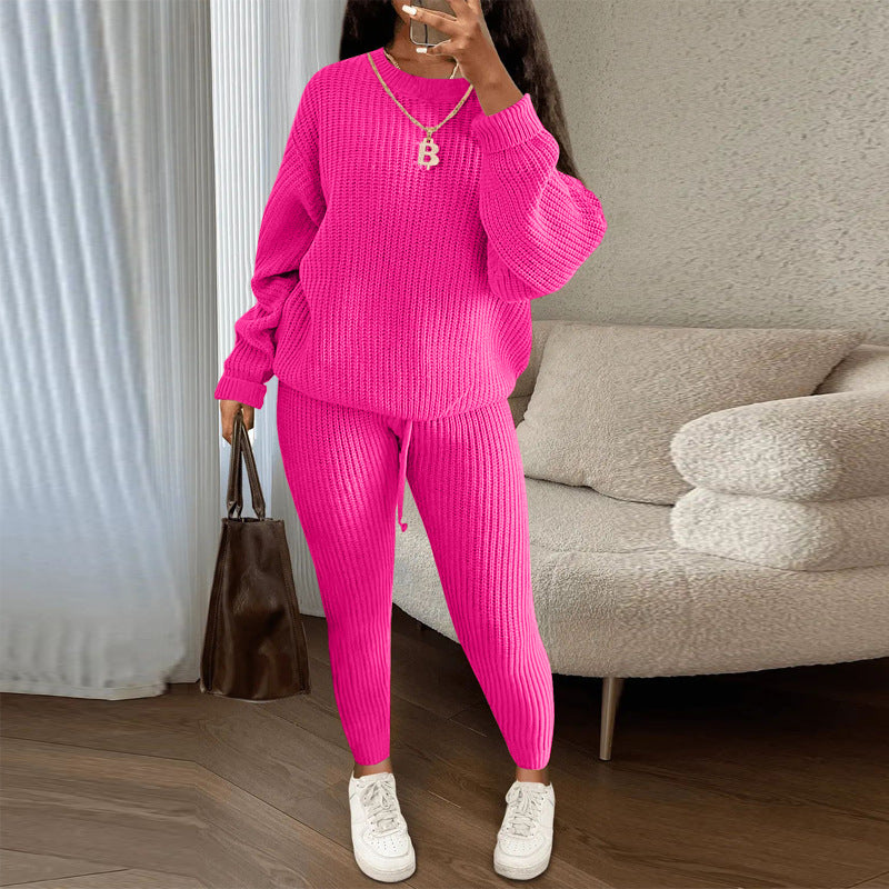 Winter Ribbed Knit Suits Fashion Loose Pullover Sweater Top And Drawstring Pants For Women Trouser Set Clothing LadyShow.Store
