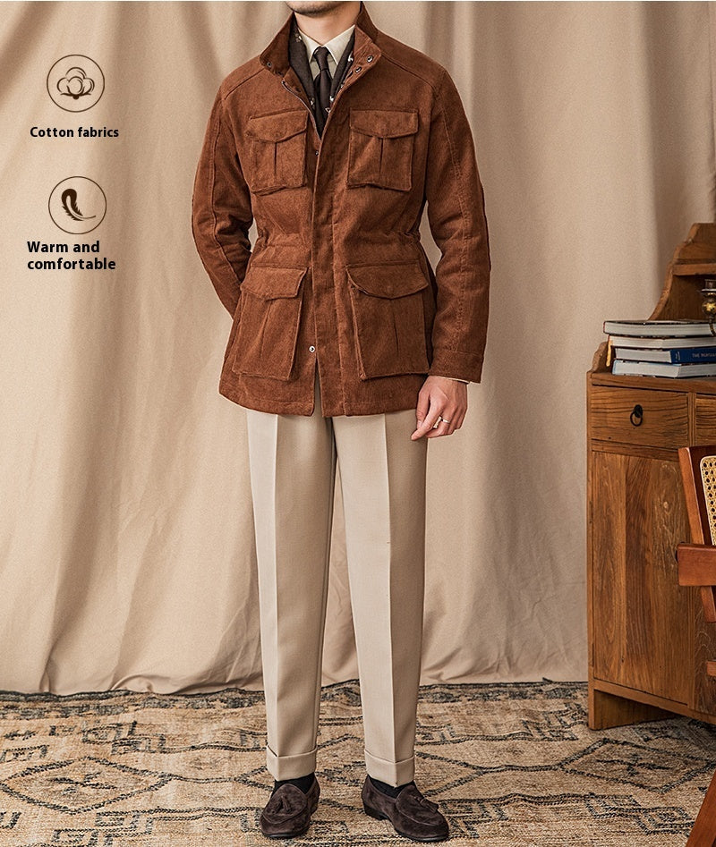 Autumn And Winter Corduroy Safari Jacket Jacket Windproof Stand Collar Casual Best YouTube Store