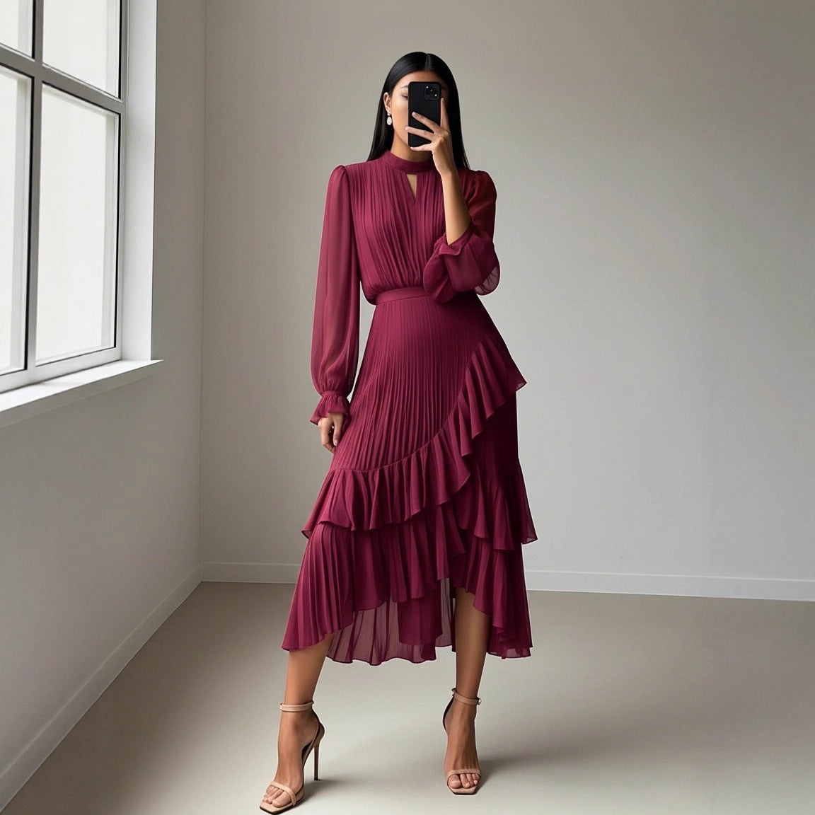 Ruffled Pleated Midi Dress For Women NorixaFashion.com