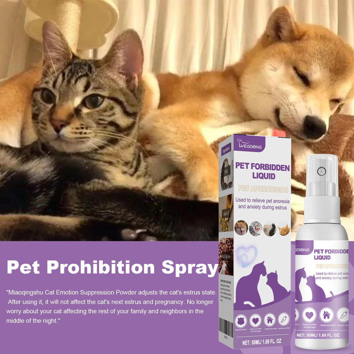 Improve Oestrus, Anxiety, Restrain Sexual Desire, Recuperate Spray, Cat And Dog Special Pet Estrus Inhibiting Liquid 50ml, 1 Box Tri Light Beauty