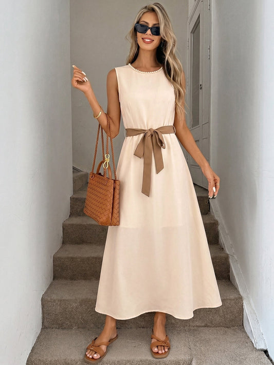 Pearl Neck Sleeveless Self-Tie Belt A-Line Midi Dress NorixaFashion.com