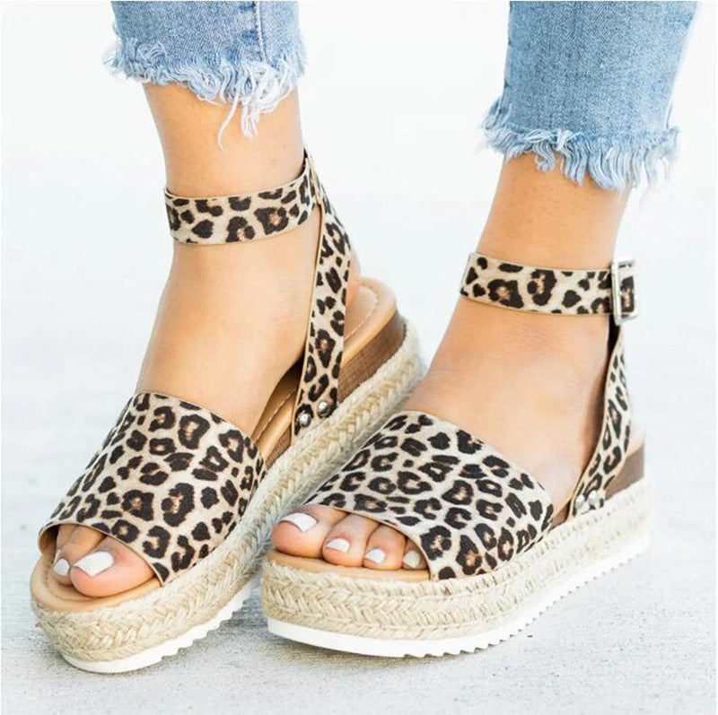 Plus Size Women's Thick Sole Leopard Print Round Toe Belt Buckle Fashion Casual Sandals LadyShow.Store