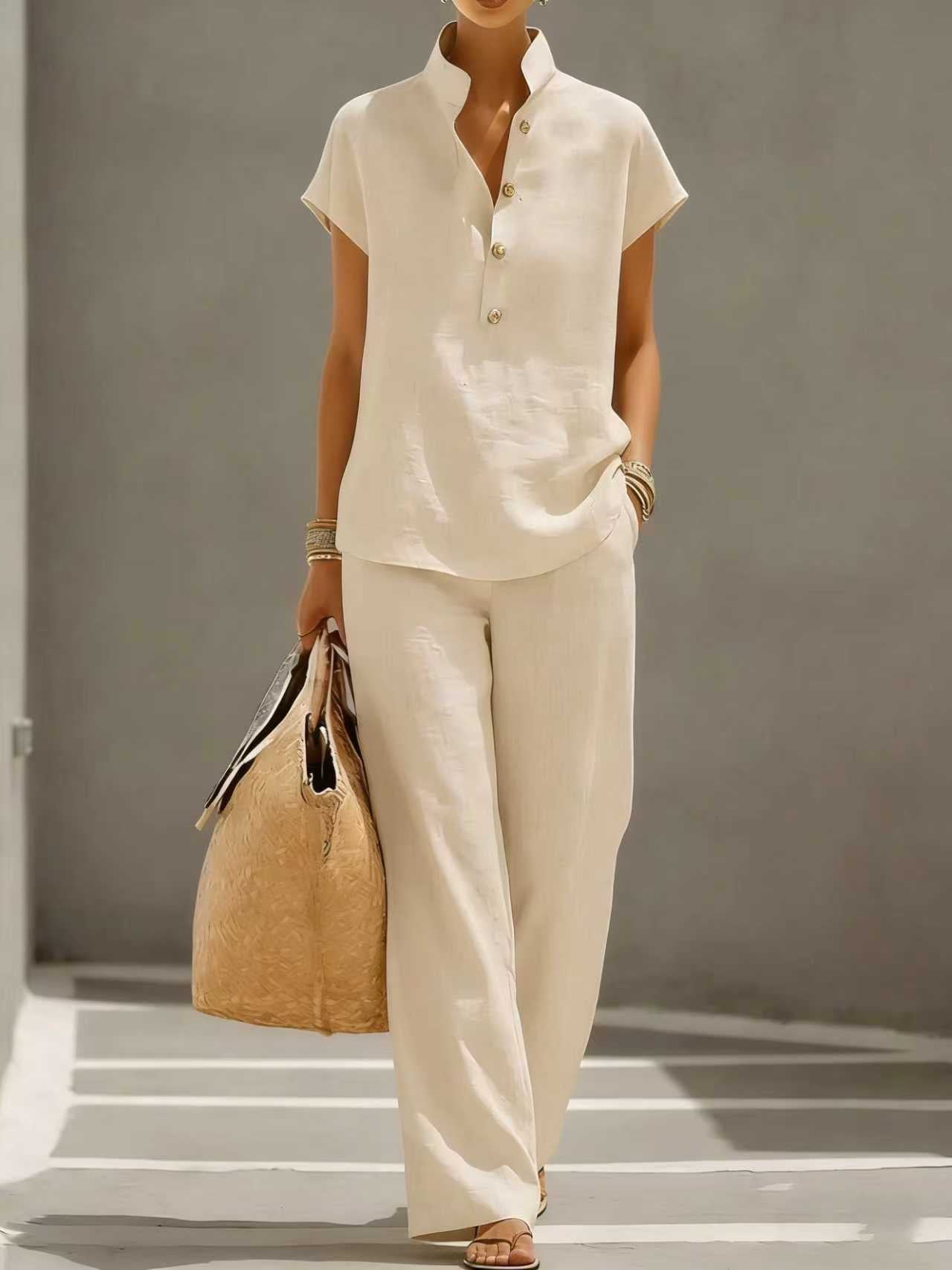 Casual Lazy-Style Cardigan Short-Sleeve Pants Solid-Color Set NorixaFashion.com