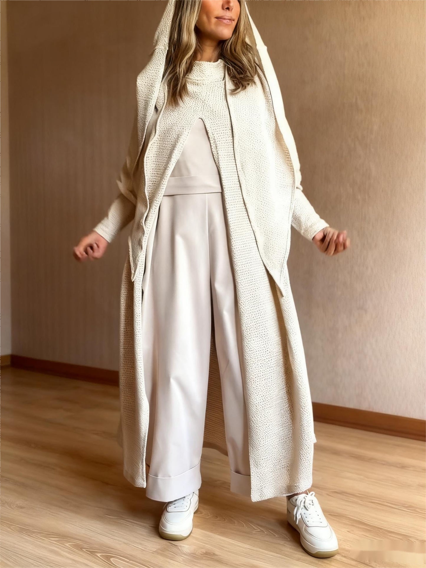 Beige Knit Hooded Duster Top NorixaFashion.com