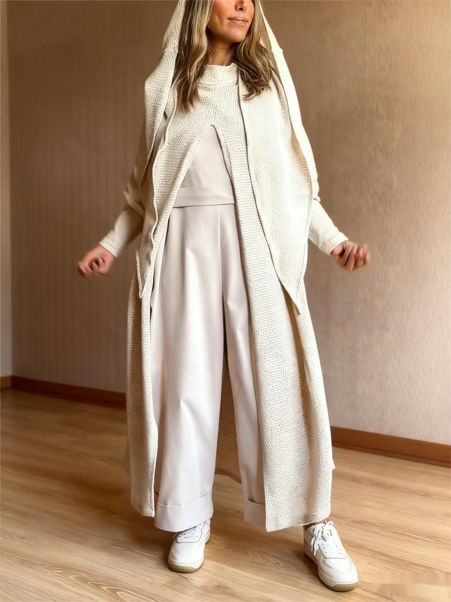 Beige Knit Hooded Duster Top NorixaFashion.com