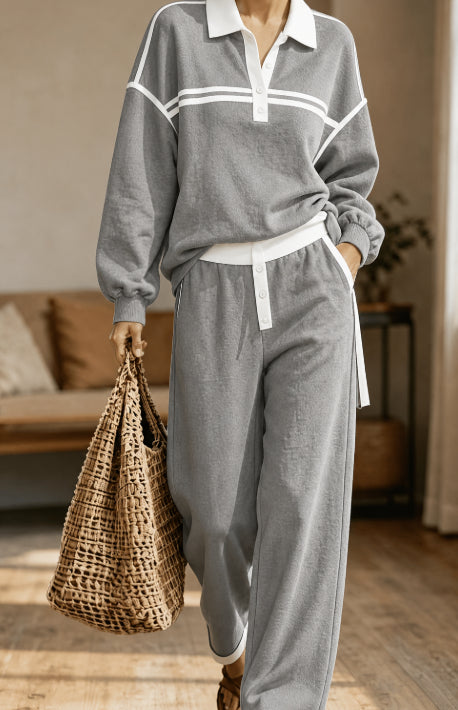 Collared Top And Loose Wide-leg Pants Set NorixaFashion.com