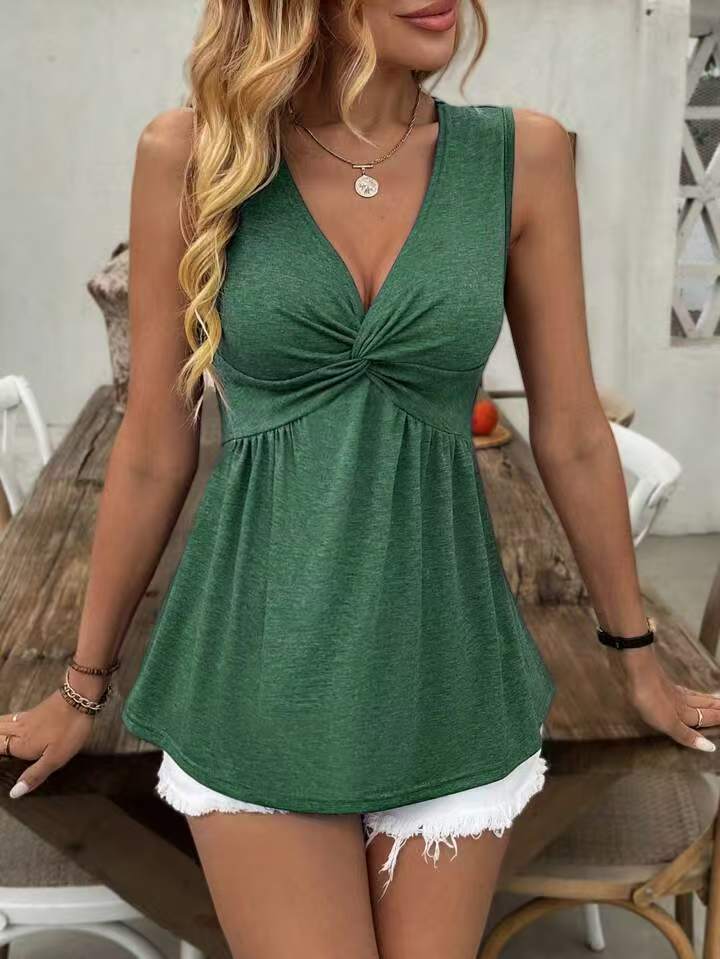 Sleeveless V-neck Design With A Twisted Ruched Waist-cinching Detail On The Back NorixaFashion.com