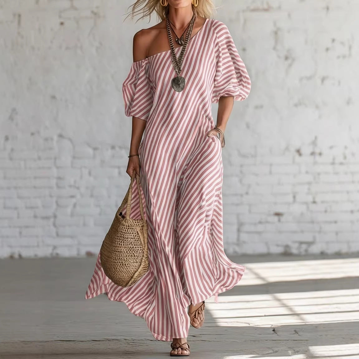 Womens Striped Off-shoulder Dress LadyShow.Store