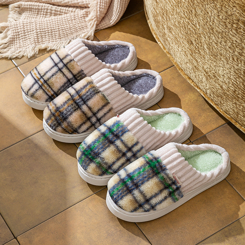 Plaid Plush Slippers Warm Soft Non-slip Bedroom Home Slipper For Couples Women Men House Shoes CJD