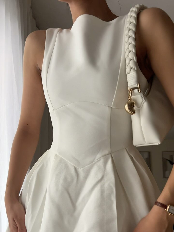 White Round Neck Sleeveless Swing Dress NorixaFashion.com